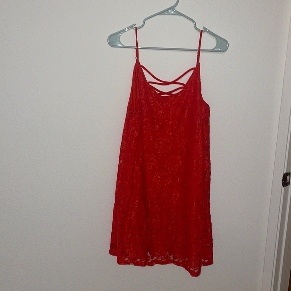 Lace red thin strapped flowy above the knee dress. Medium.